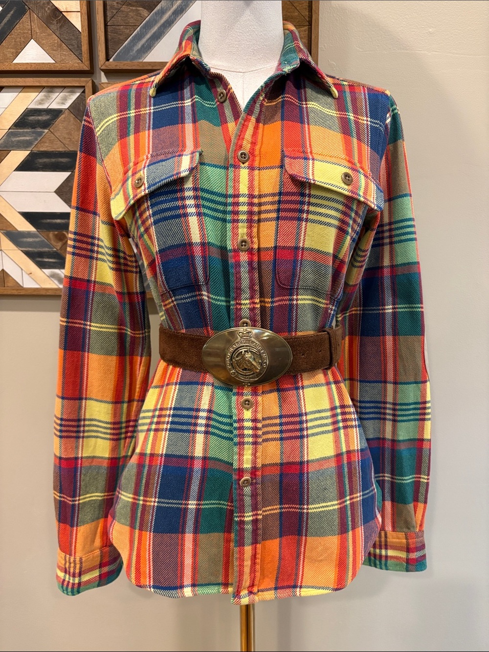 Vintage Ralph Lauren Y2K Plaid Button-Down Suede Elbow Patch Top Slim Fit 4